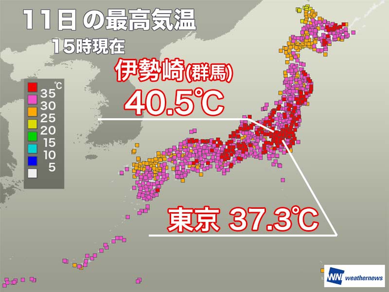 東京で2年ぶりに37℃超　群馬県伊勢崎など3地点で40℃以上に