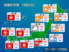 明日18日(火)の天気 関東は雨でやや暑さ落ち着くも　東海以西は酷暑継続
