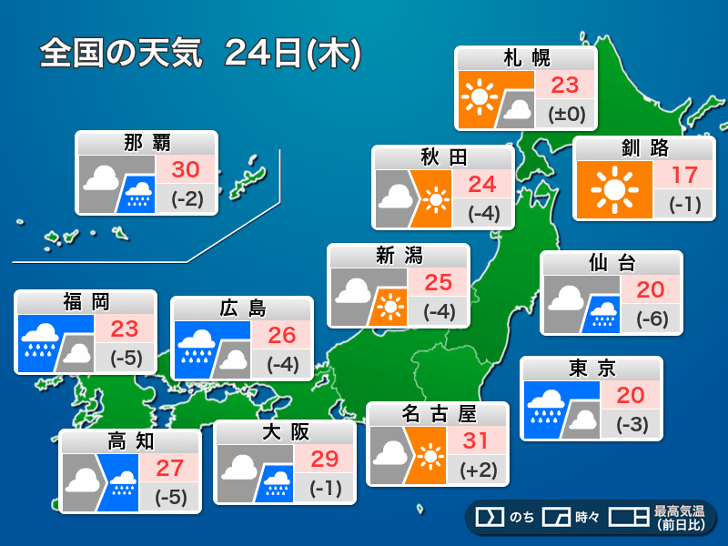 今日24日(木)の天気 台風12号接近の関東沿岸は横殴りの雨　九州は強雨注意