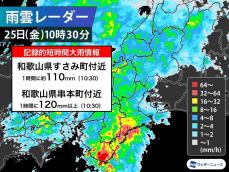 和歌山県で1時間に120mm以上の猛烈な雨　記録的短時間大雨情報