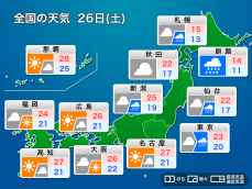 明日26日(土)の天気 北日本太平洋側は強雨、暴風に警戒　東、西日本も外出には雨具を持って