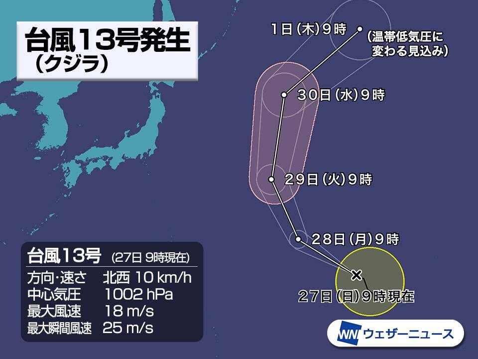 台風13号(クジラ)発生　日本への大きな影響なし