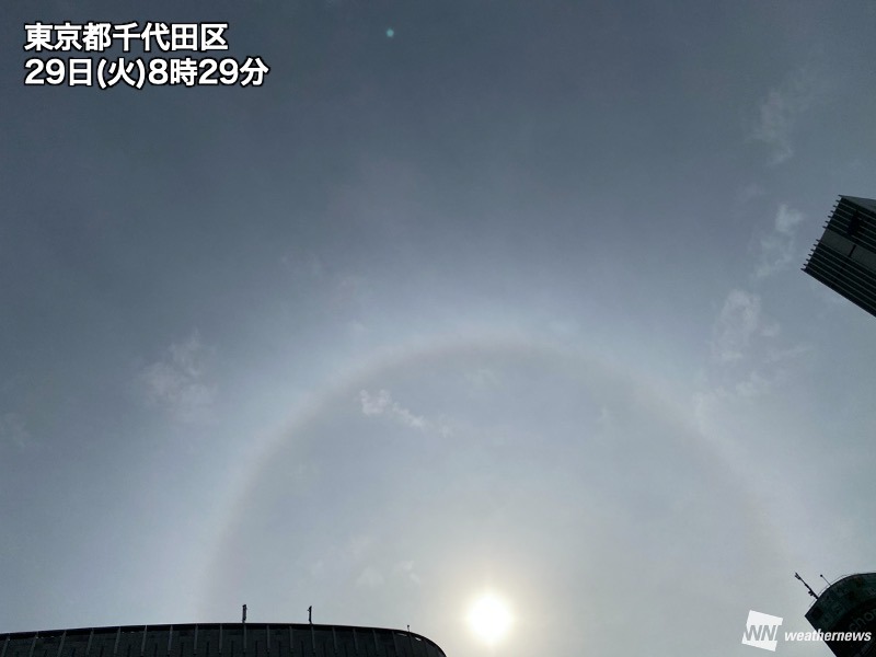 関東で薄雲越しの太陽を彩る光の環「ハロ」が出現