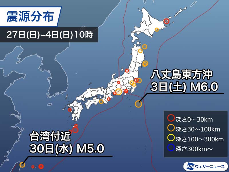 週刊地震情報 2020.10.4　3日(土)に八丈島東方沖でM6.0　震度3を観測