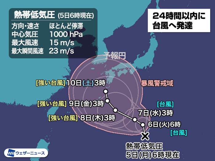 熱帯低気圧 発達して24時間以内に台風へ　予想進路の幅は非常に大きい