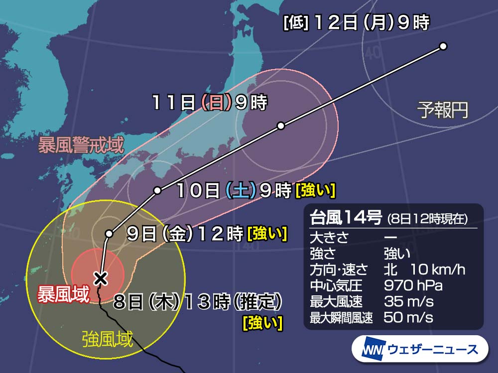 強い台風14号　屋久島で最大瞬間風速36m/s観測　週末本州接近へ