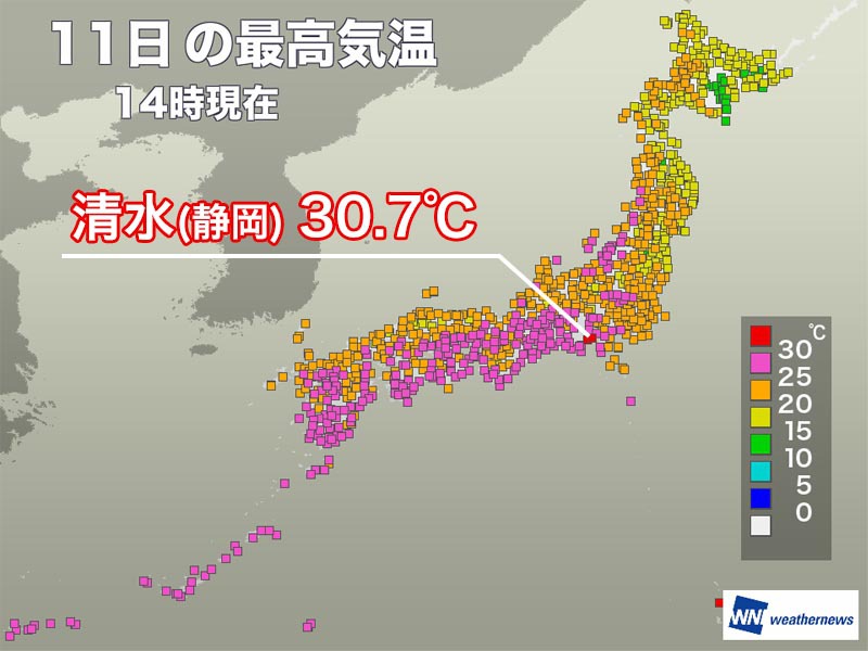 台風一過で気温上昇　静岡など30℃以上の真夏日に