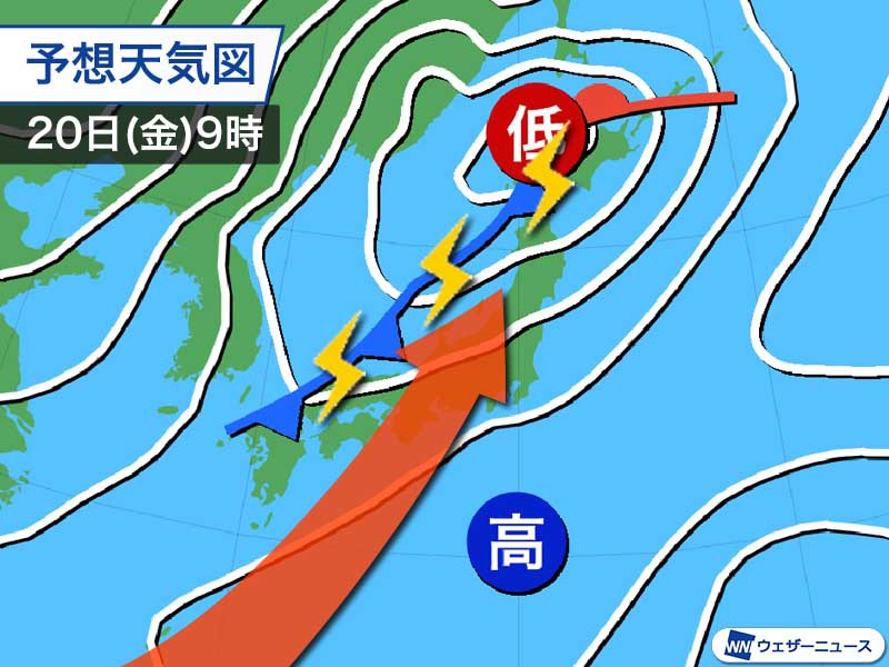 次の天気の崩れは20日(金)頃　広い範囲で風雨強まる