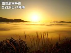 京都・亀岡盆地で冷え込みを象徴する雲海出現