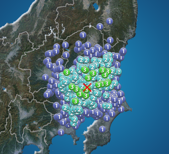埼玉県・茨城県・千葉県・栃木県で震度3の地震発生