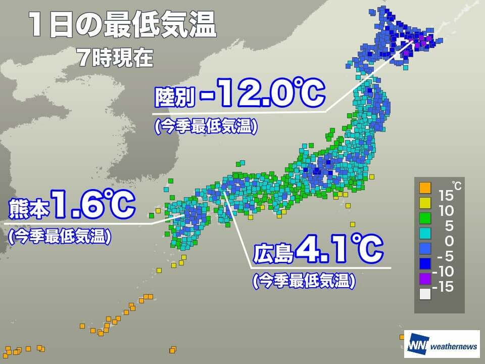 今朝は西日本で今季一番の冷え込み　北海道・陸別では－12℃を観測
