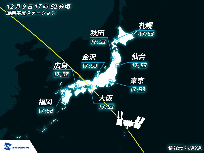 国際宇宙ステーション／きぼう　今日18時前に日本上空を通過