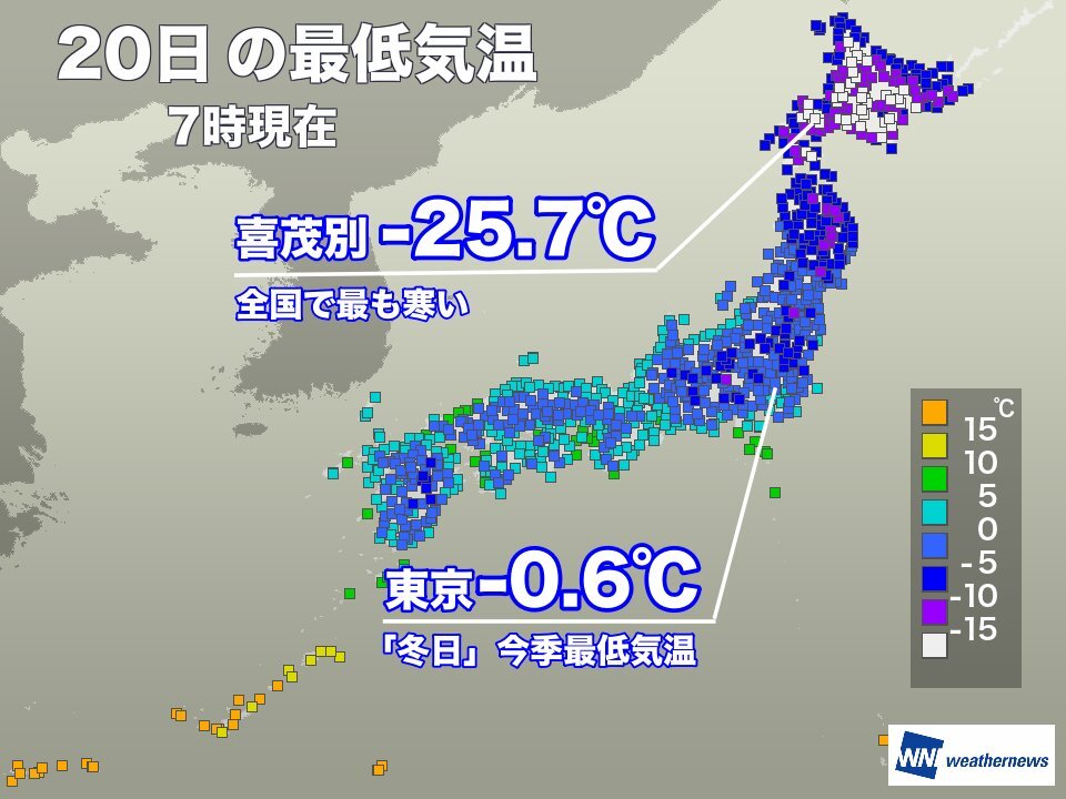 東京都心で今季最低気温　北海道・喜茂別では－25.7℃を観測