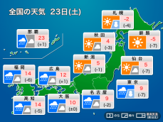 今日23日(土)の天気　東日本や西日本は広く雨　関東は雨から雪に