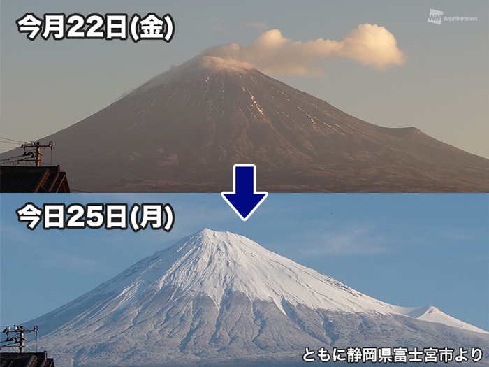 ようやく冬らしい姿に　南岸低気圧で富士山が真っ白に雪化粧