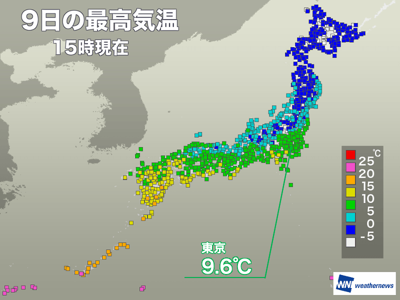 東京は10℃届かず全国的に真冬に戻った寒さ　明日朝は厳しい冷え込み