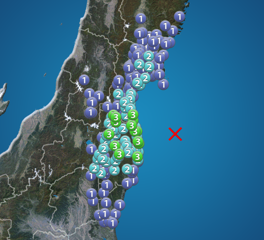 福島県で震度3の地震発生