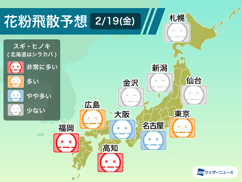 2月19日(金)の花粉飛散予想　東京で多く、九州などは非常に多い予想