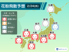 2月24日(水)の花粉飛散予想　関東から西は飛散多い