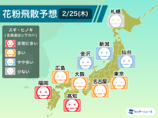 2月25日(木)の花粉飛散予想　関東から西は多め　北陸や東北南部もやや多い