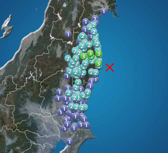 福島県で震度3の地震発生