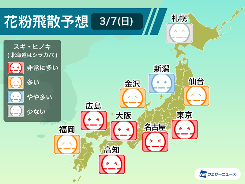 3月7日(日)の花粉飛散予想　東京など関東以西で&quot;非常に多い&quot;予想