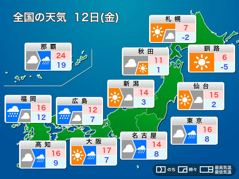 明日12日(金)の天気 西から雨が降り出す　関東も外出は傘を持って