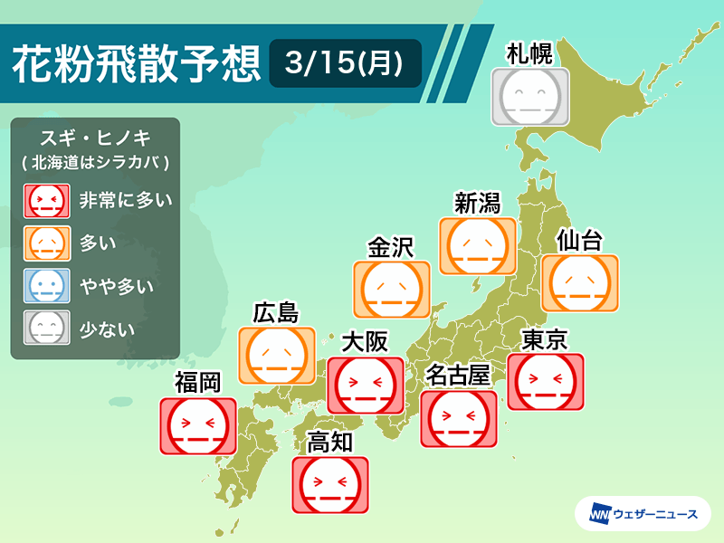 3月15日(月)の花粉飛散予想　東京や大阪などで&quot;非常に多い&quot;予想