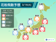 3月16日(火)の花粉飛散予想　東京など関東は非常に多い