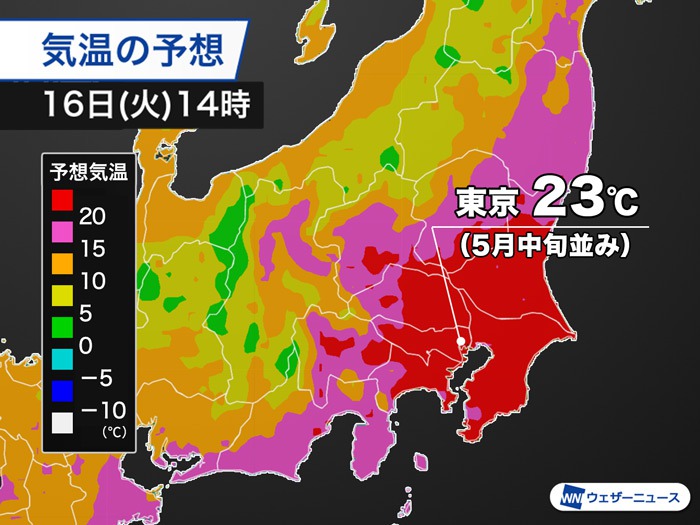 東京で最高気温23℃予想　5月中旬並みの汗ばむ陽気に