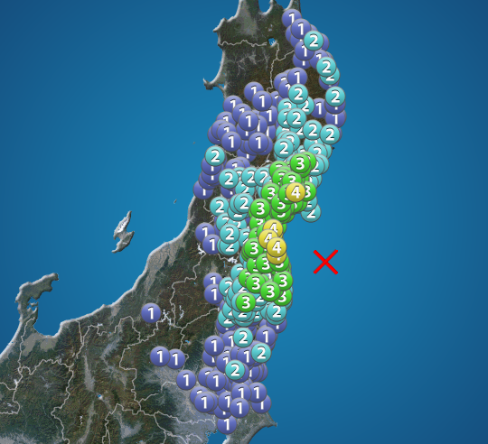 地震速報　宮城・福島で震度4　津波の心配なし