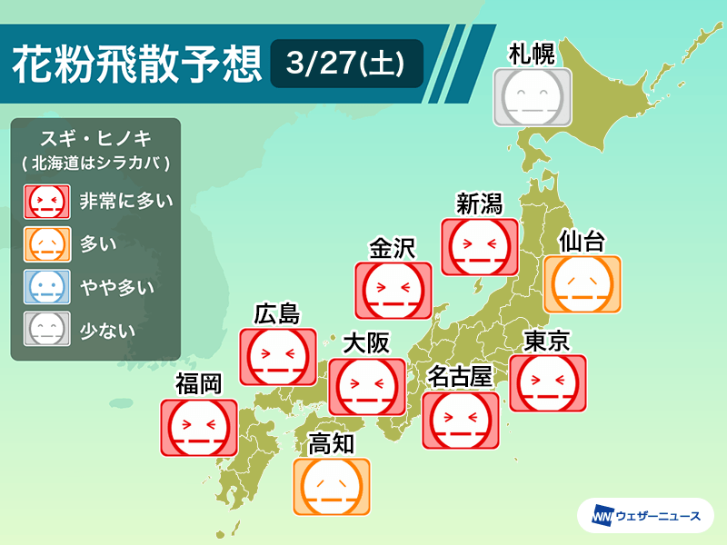 3月27日 土 の花粉飛散予想 東京や大阪など広範囲で 非常に多い 予想 記事詳細 Infoseekニュース