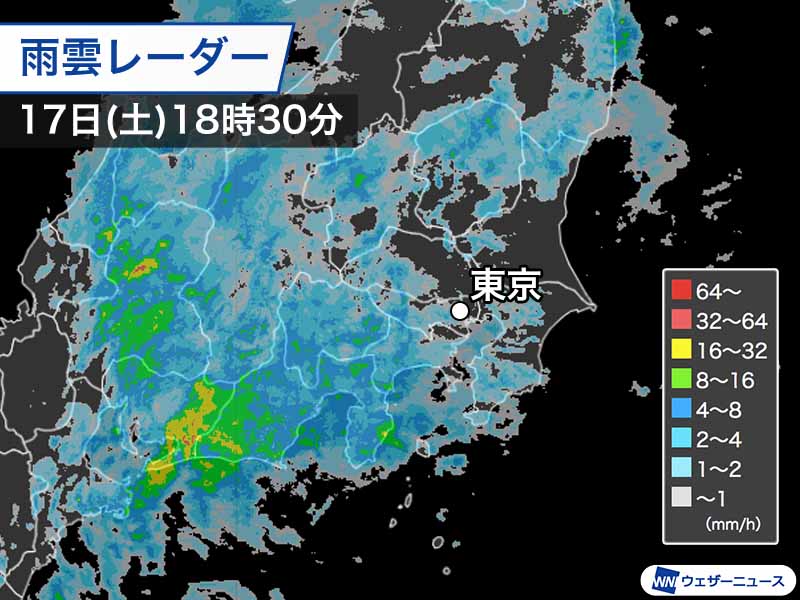 夕方になり関東の広範囲で本降りの雨　今夜は激しい雨や落雷に注意