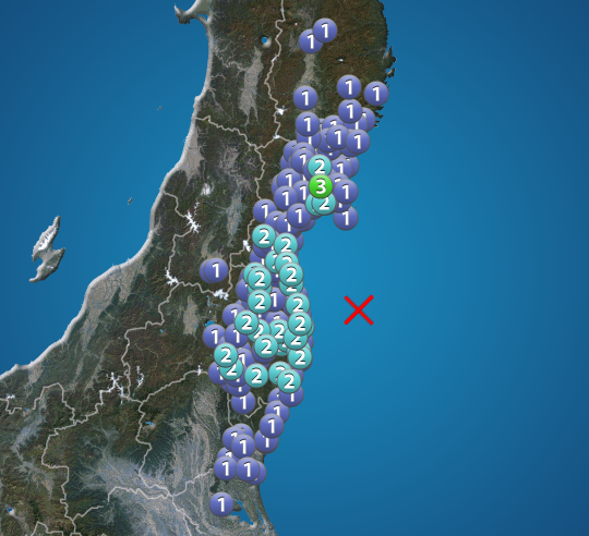 宮城県で震度3の地震発生