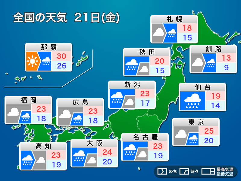 明日21日(金)の天気　全国的に梅雨空　近畿や東海で激しい雨に警戒