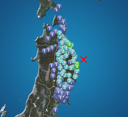 岩手県沖で地震　岩手県・青森県で震度3