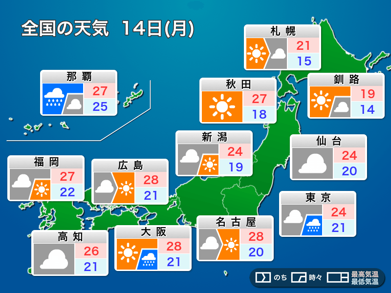 明日14日(月)の天気　週はじめは急な雨や落雷に注意