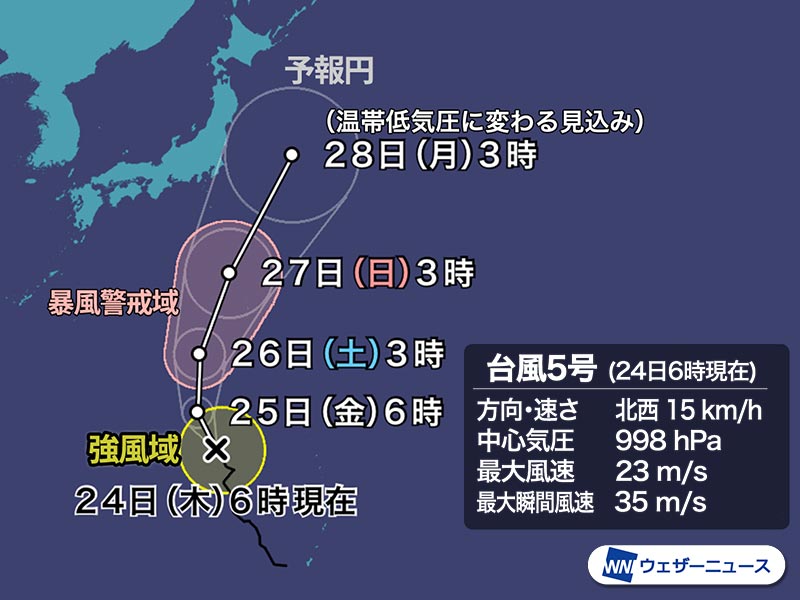 台風5号　北上して梅雨前線を刺激　週末以降は大雨に警戒