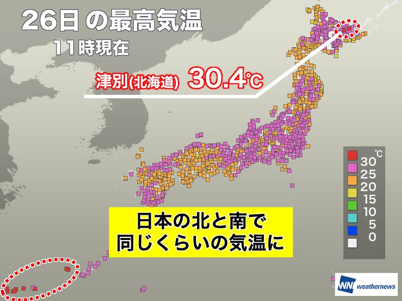 日本の北と南で真夏日　北海道オホーツク海側でフェーン現象が発生