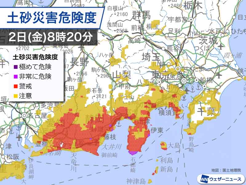 静岡県内で土砂災害の危険度高まる　活発な雨雲は関東へ拡大