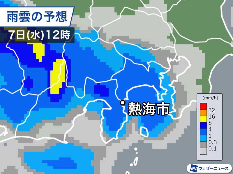 静岡県熱海市の天気　明日7日(水)は一時的に雨が強まり要注意