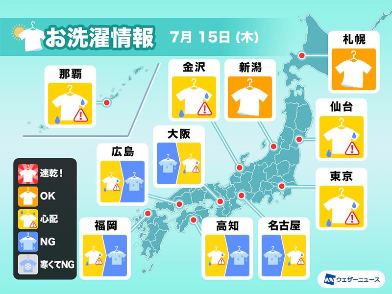 7月15日(木)の洗濯天気予報　外に干しっぱなしは油断禁物