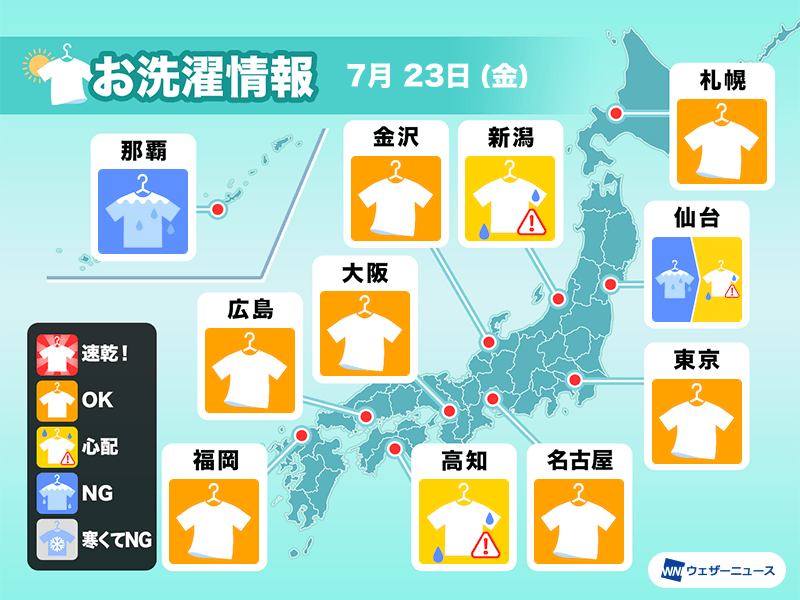 7月23日(金)の洗濯天気予報　洗濯日和な連休二日目