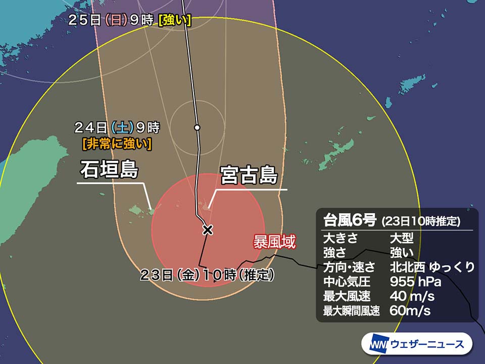 強い台風6号北上で石垣島も暴風域　宮古島では瞬間風速37.5m/s