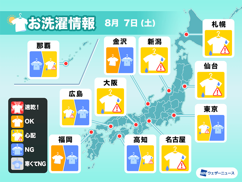 8月7日(土)の洗濯天気予報　広範囲で室内干しの週末に