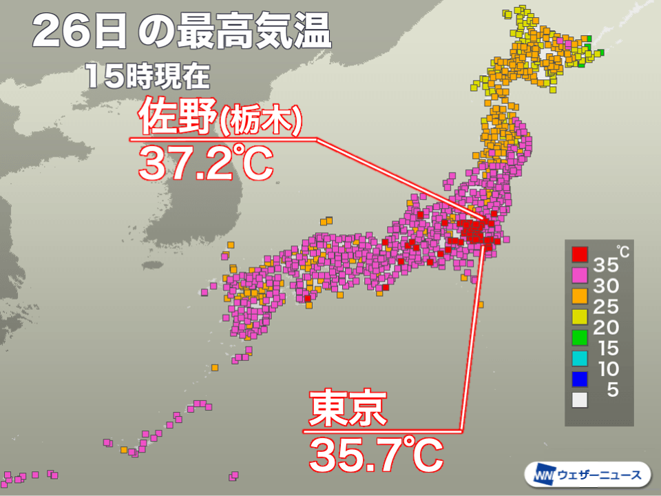 関東で体温並みの暑さ　東京は明日も35℃予想