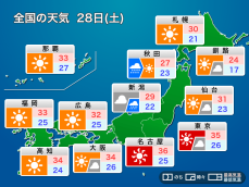 明日28日(土)の天気　残暑というには厳しすぎる暑さ　日本海側は急な雨に注意