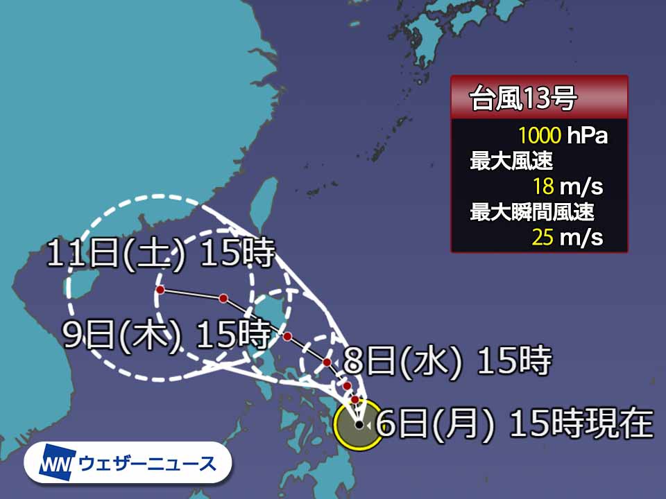 台風13号がフィリピンの東で発生　日本への影響はない見込み