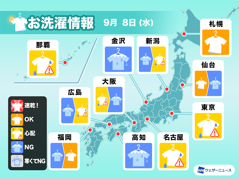 9月8日 水 の洗濯天気予報 関東は洗濯物は早めに 記事詳細 Infoseekニュース