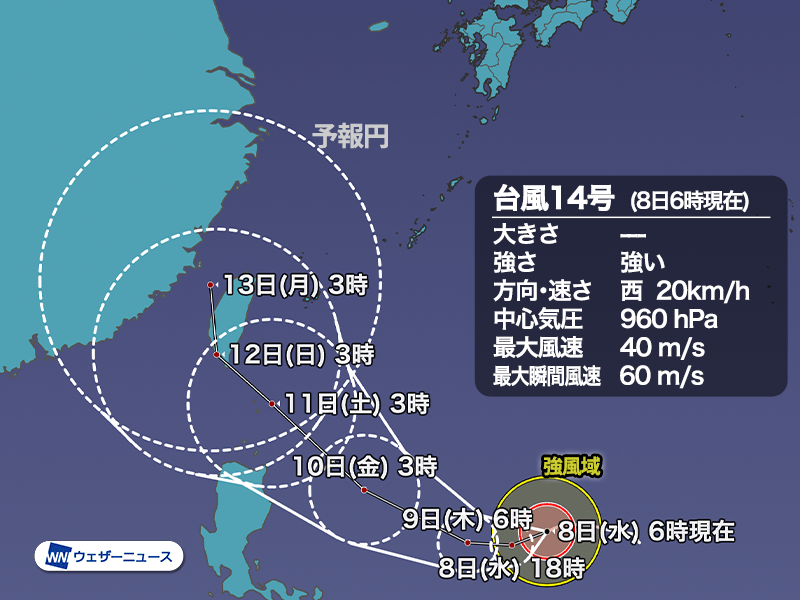 強い台風14号　週末頃に沖縄に接近のおそれ　暴風域を伴って発達中